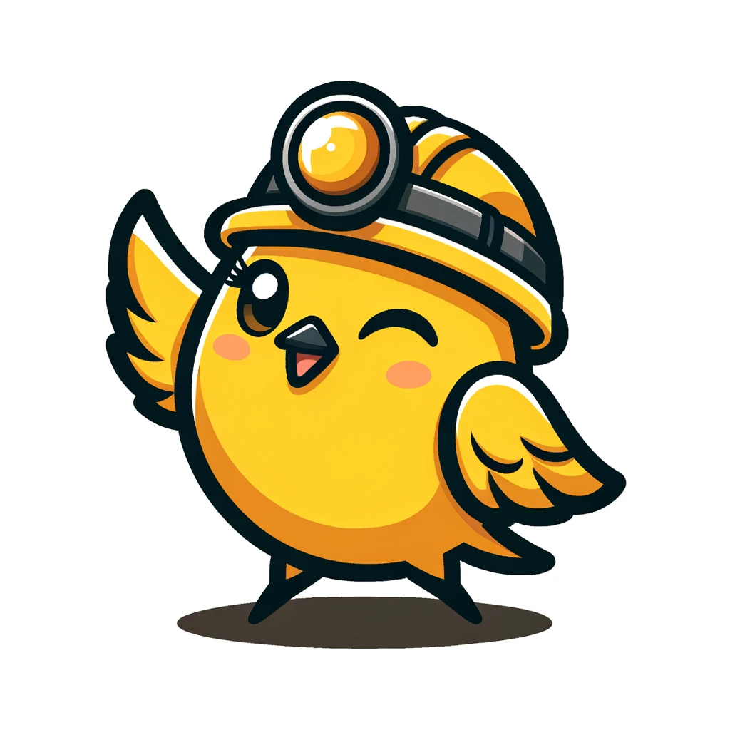 DALL·E 2023-12-10 12.55.39 - A cute cartoon canary, wearing a miners helmet, looking triumphant and winking. The canary has one wing in the air like a mascot. The main colors are