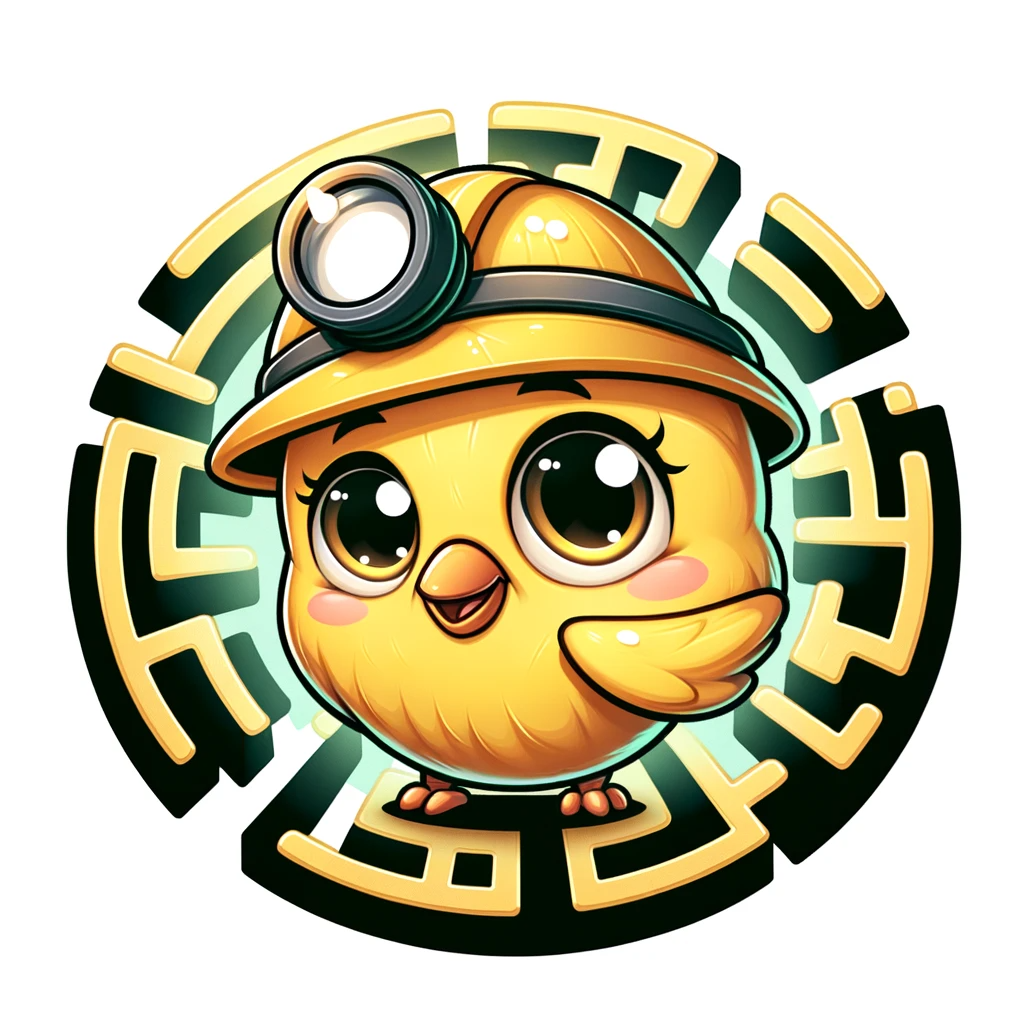 DALL·E 2024-01-06 16.58.28 - A charming and adorable cartoon canary mascot, with large expressive eyes and a small smile, wearing a miners helmet, is standing in a whimsical maze