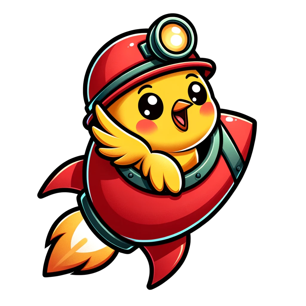 DALL·E 2024-01-07 18.18.20 - A cartoon-style illustration of a cute canary wearing a miners helmet, sitting inside a launching red rocket. The background is plain white. The cana