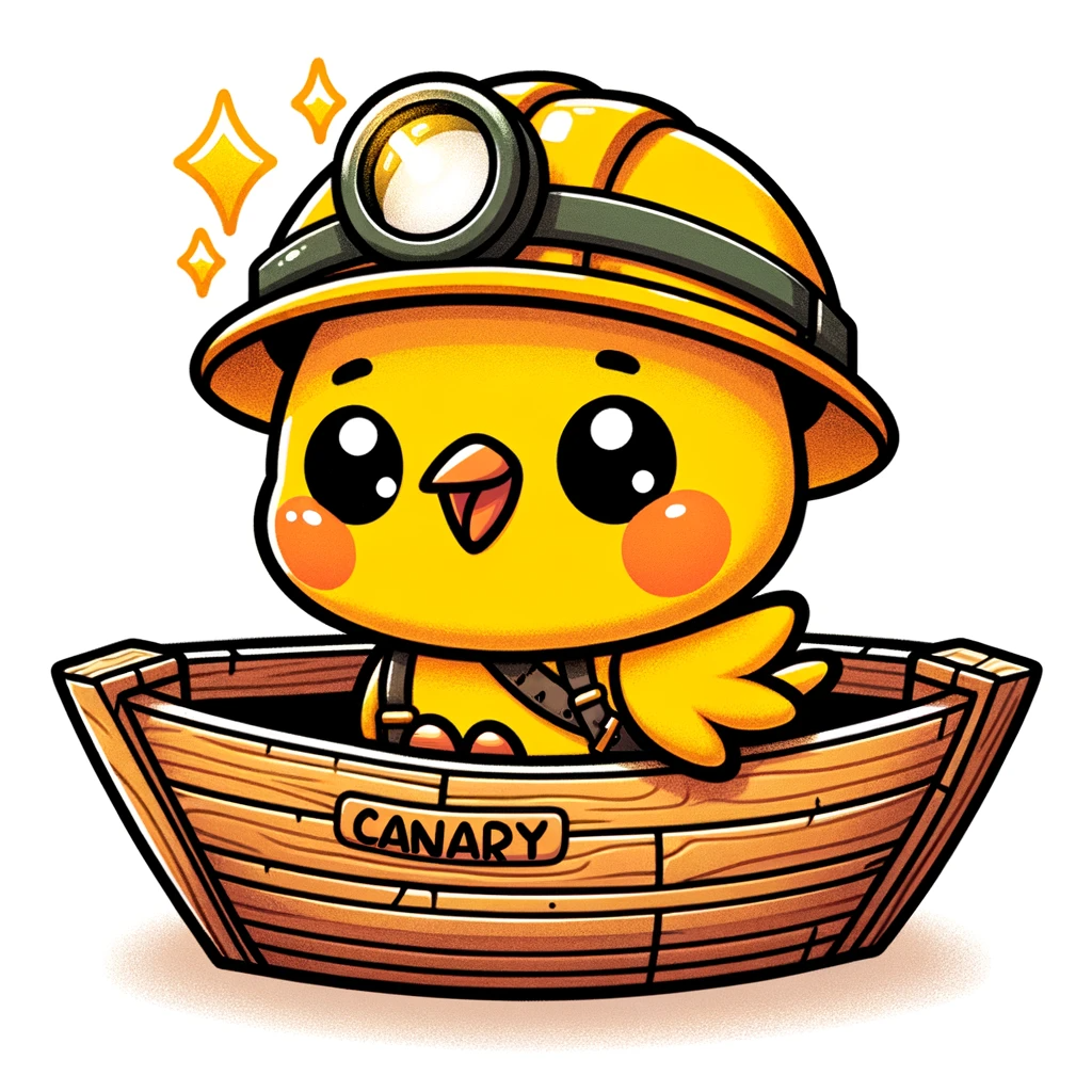 DALL·E 2024-01-09 07.42.49 - A cartoon-style illustration of a cute canary, wearing a miners helmet, sitting inside a small boat. The canary is vibrant yellow with orange cheeks 