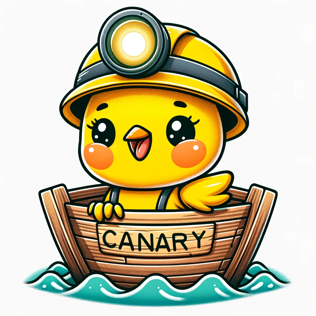DALL·E 2024-01-09 07.44.24 - A cartoon-style illustration of a cute canary, wearing a miners helmet, sitting inside a small wooden boat named Canary on gentle blue waves. The c