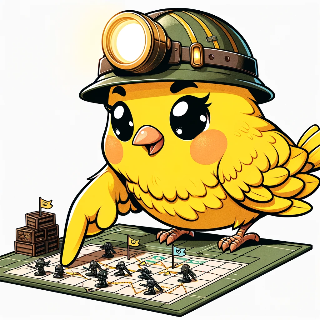 DALL·E 2024-01-09 07.47.34 - A cartoon-style illustration of a cute canary with vibrant yellow feathers and orange cheeks, standing in front of a tactical military strategy board