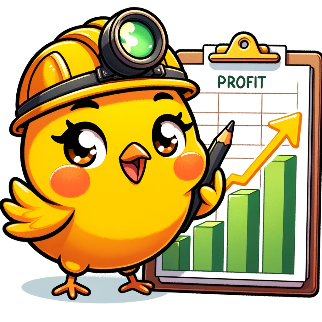 DALL·E 2024-01-09 07.51.19 - A cartoon-style illustration of a cute canary with vibrant yellow feathers and orange cheeks, wearing a miners helmet. The canary is standing in fron