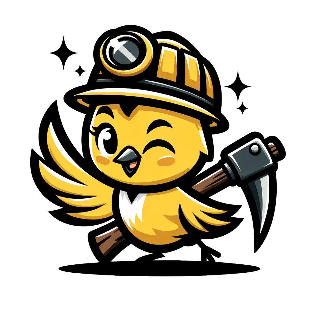 DALL·E 2024-04-12 12.12.55 - A cute cartoon canary, wearing a miners hat and holding a bronze axe, looking triumphant and winking. The canary has one wing in the air like a masco
